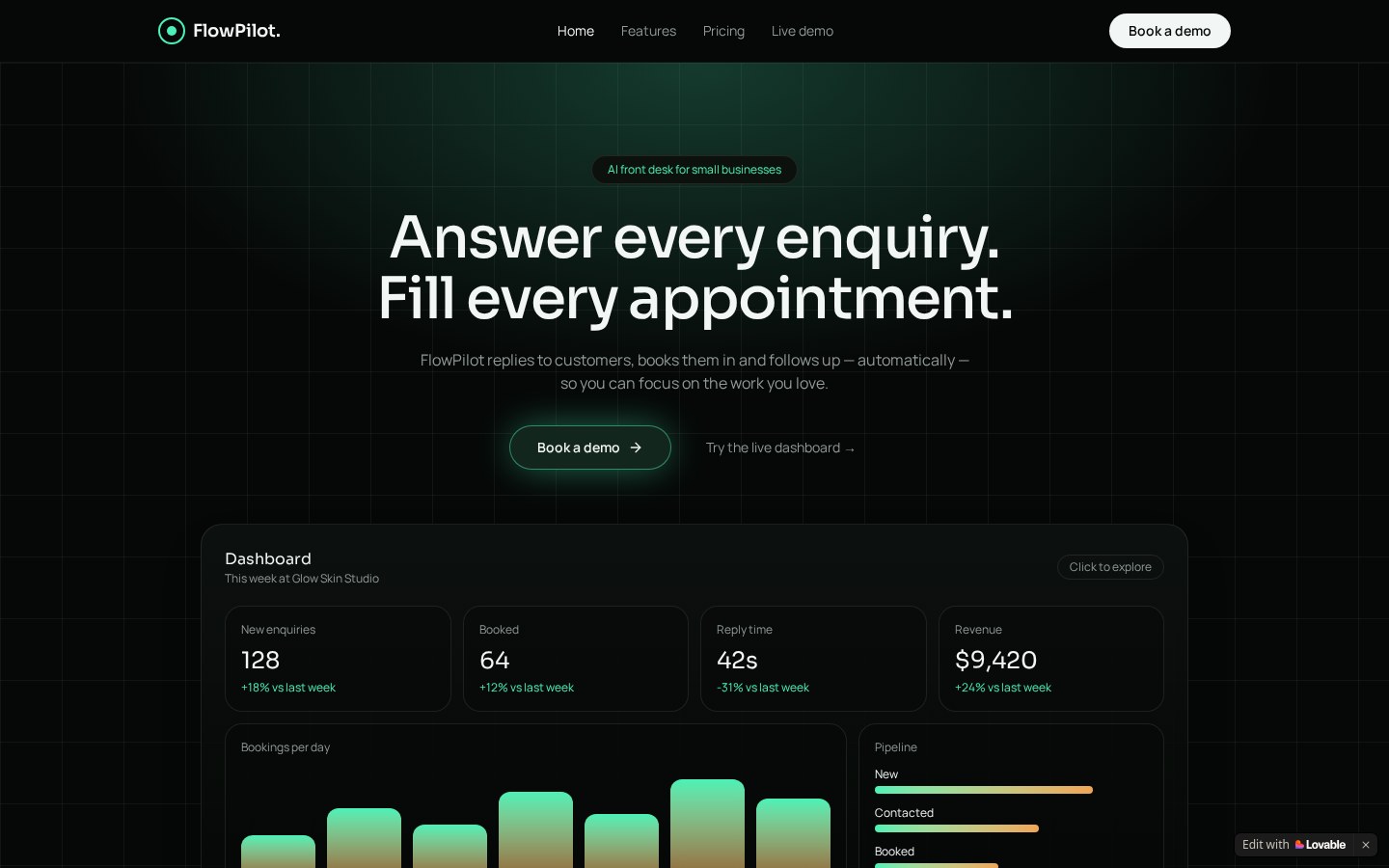 Desktop homepage of FlowPilot at flowpilot.com