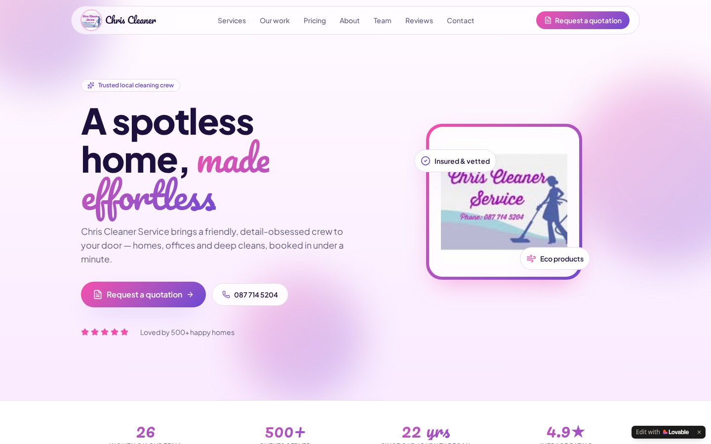 Actual Chris Cleaners homepage with its cleaning services and request a quotation button