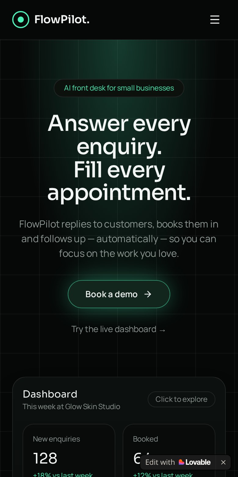 Mobile homepage of FlowPilot