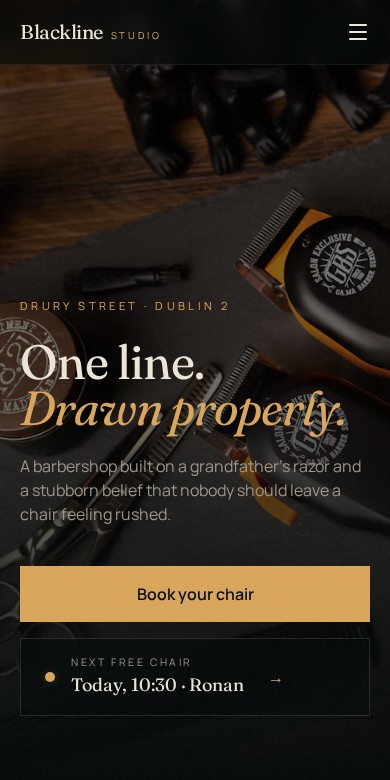 Mobile homepage of Blackline Studio Barbershop